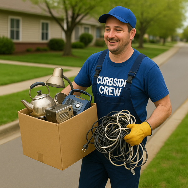 Curbside Crew member hauling boxes of junk